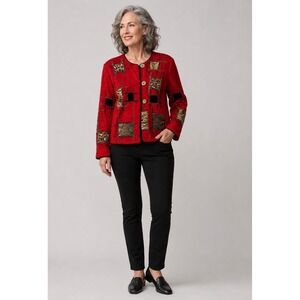 Allure Petite Cardigan Sweater Womens Petite Large‎ Red Animal Print Chenille